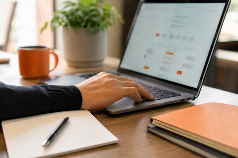 Hands working on a laptop at a bright desk with an orange mug, notebooks and a plant.